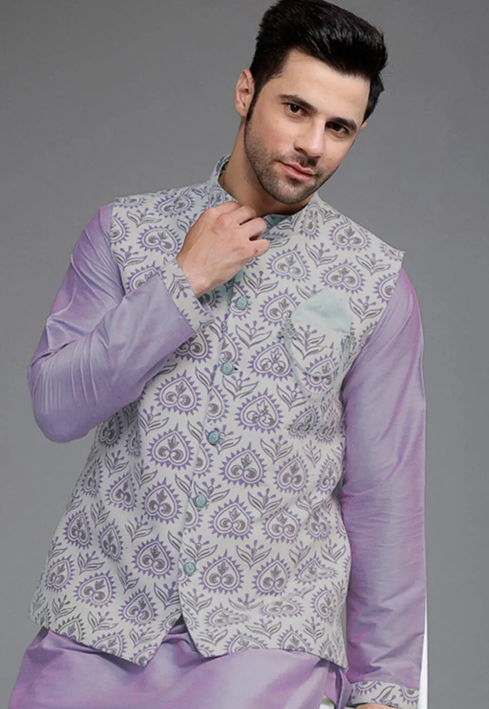 Digital Printed Cotton Silk Nehru Jacket in Grey