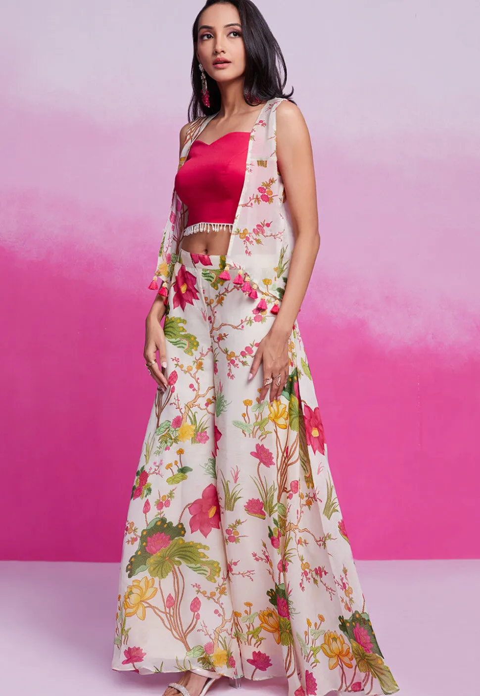 Digital Printed Cotton Silk Crop Top Set in Pink