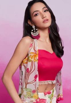 Digital Printed Cotton Silk Crop Top Set in Pink