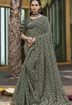 Digital Printed Cotton Silk Saree in Dusty Green