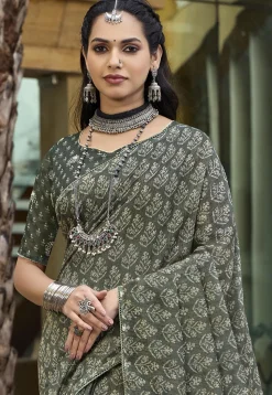 Digital Printed Cotton Silk Saree in Dusty Green