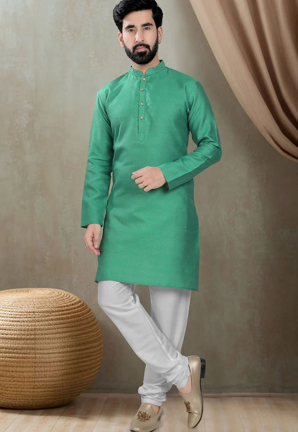 Digital Printed Cotton Silk Kurta Set in Green