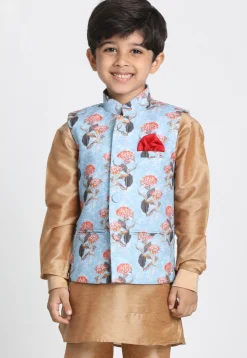 Digital Printed Cotton Silk Nehru Jacket in Sky Blue