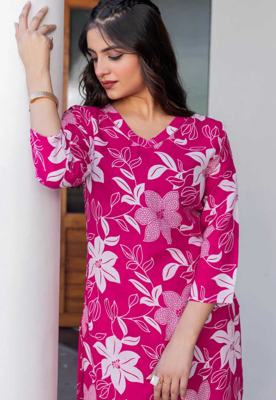 Digital Printed Cotton Slub Straight Kurta Set in Fuchsia