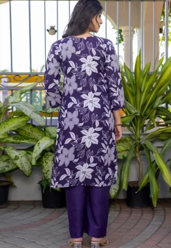 Digital Printed Cotton Slub Straight Kurta Set in Purple