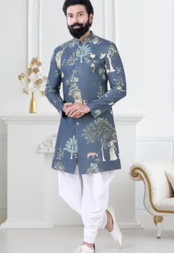 Digital Printed Cotton Slub Sherwani in Blue