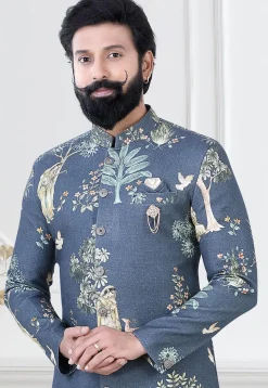 Digital Printed Cotton Slub Sherwani in Blue
