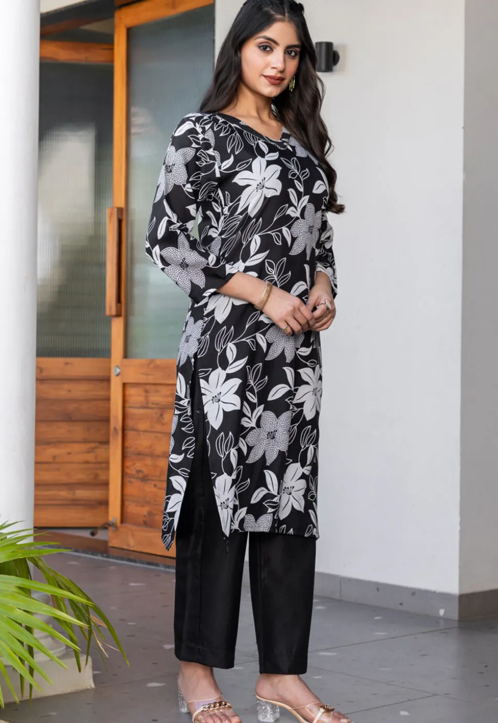 Digital Printed Cotton Slub Straight Kurta Set in Black