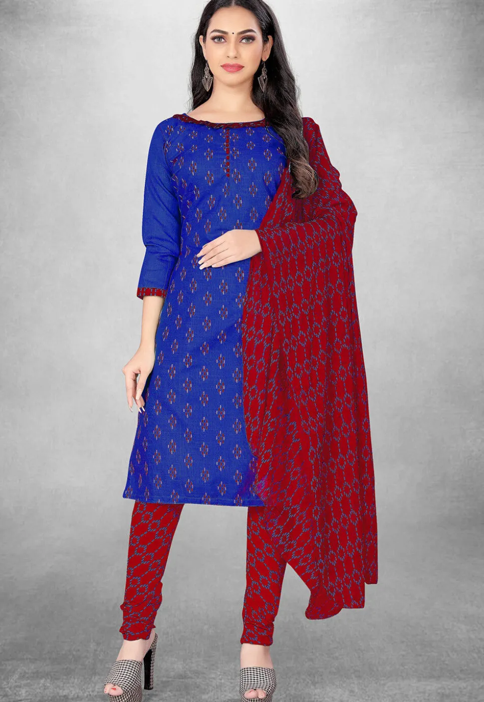 Digital Printed Cotton Slub Straight Suit in Royal Blue