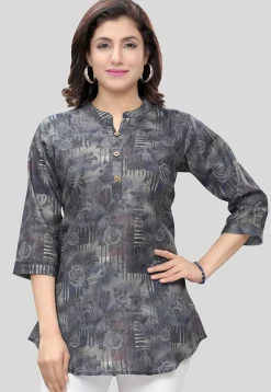 Digital Printed Cotton Slub Tunic in Grey