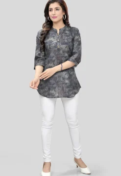 Digital Printed Cotton Slub Tunic in Grey