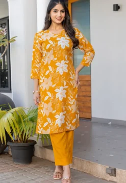 Digital Printed Cotton Slub Straight Kurta Set in Mustard