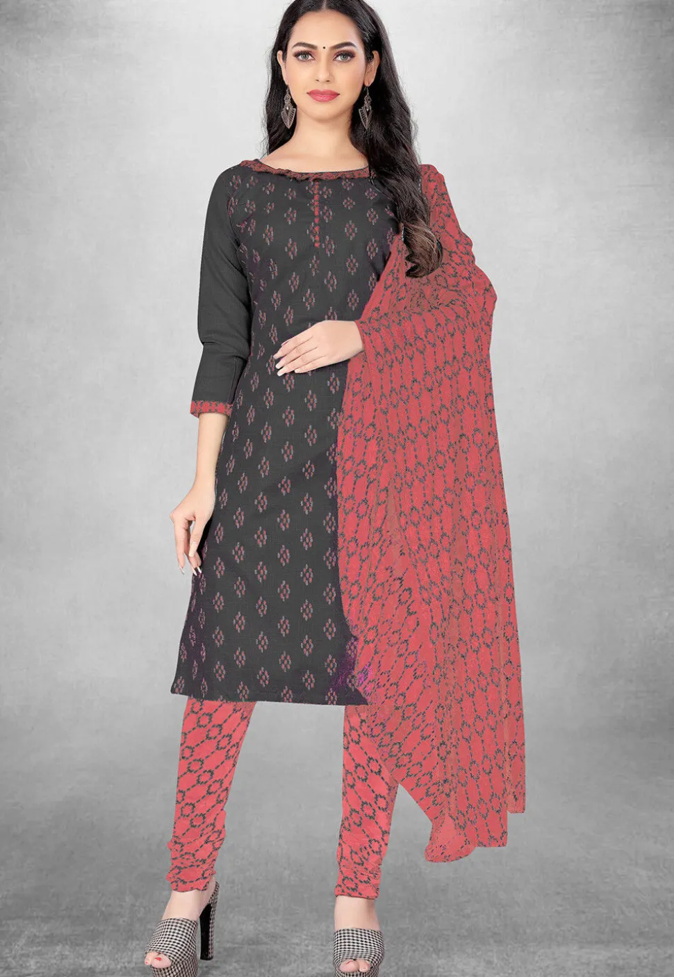 Digital Printed Cotton Slub Straight Suit in Dark Grey