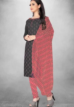 Digital Printed Cotton Slub Straight Suit in Dark Grey