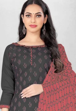 Digital Printed Cotton Slub Straight Suit in Dark Grey