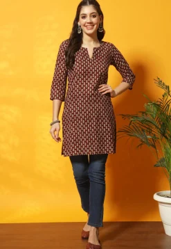 Digital Printed Cotton Straight Kurti in Maroon