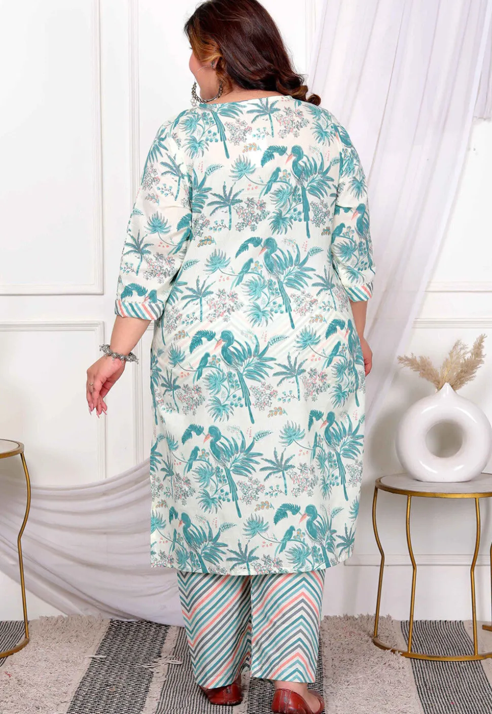 Digital Printed Cotton Straight Kurta Set in Off White