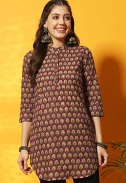 Digital Printed Cotton Straight Kurti in Maroon