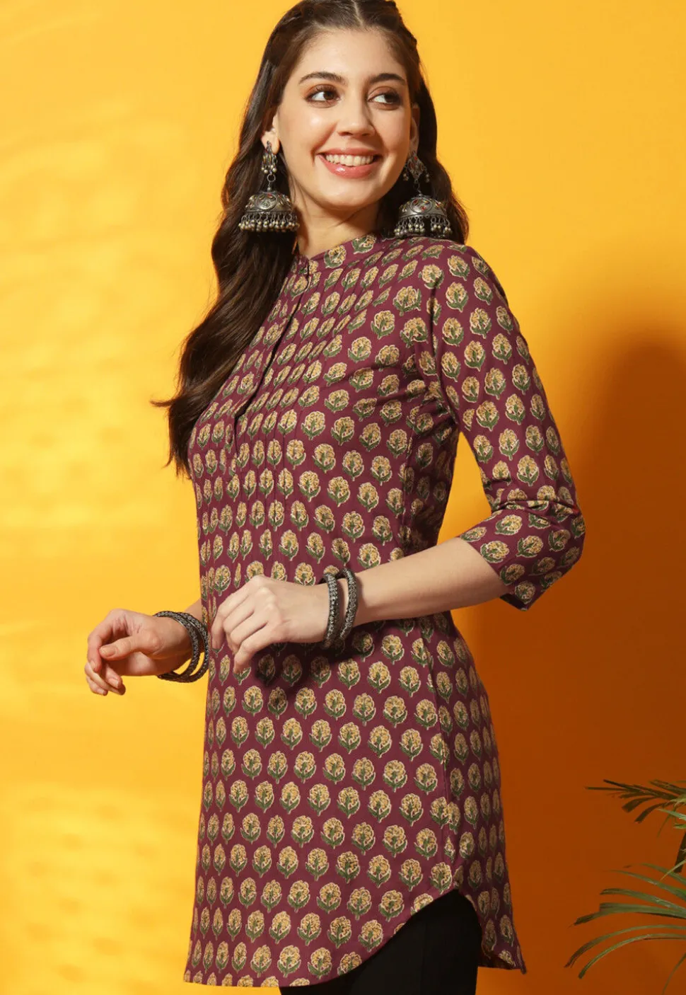 Digital Printed Cotton Straight Kurti in Maroon