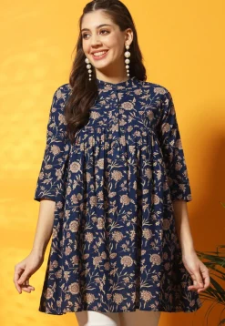 Digital Printed Cotton Straight Kurti in Navy Blue