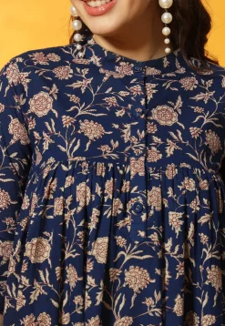 Digital Printed Cotton Straight Kurti in Navy Blue