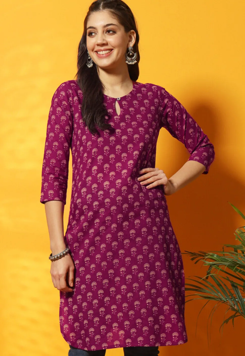 Digital Printed Cotton Straight Kurti in Purple