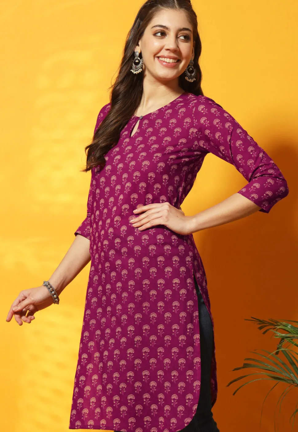 Digital Printed Cotton Straight Kurti in Purple
