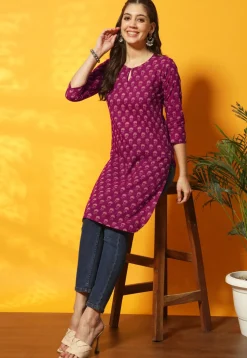 Digital Printed Cotton Straight Kurti in Purple