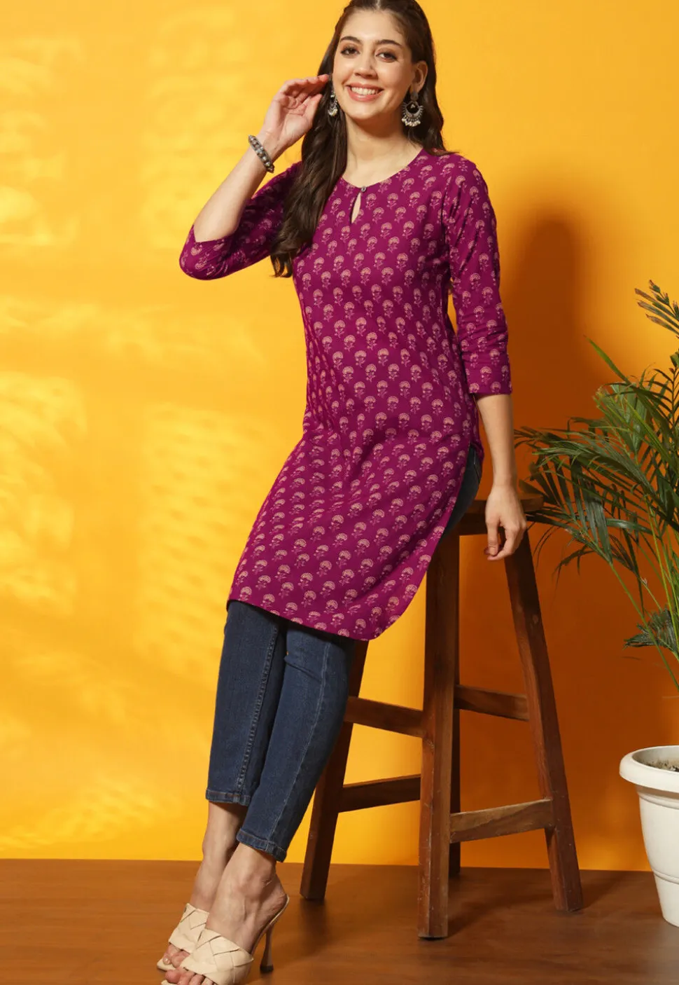 Digital Printed Cotton Straight Kurti in Purple