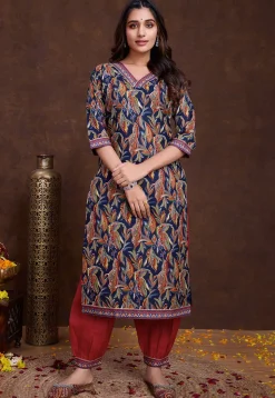 Digital Printed Cotton Straight Kurta Set in Navy Blue
