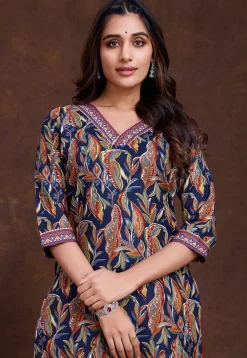 Digital Printed Cotton Straight Kurta Set in Navy Blue