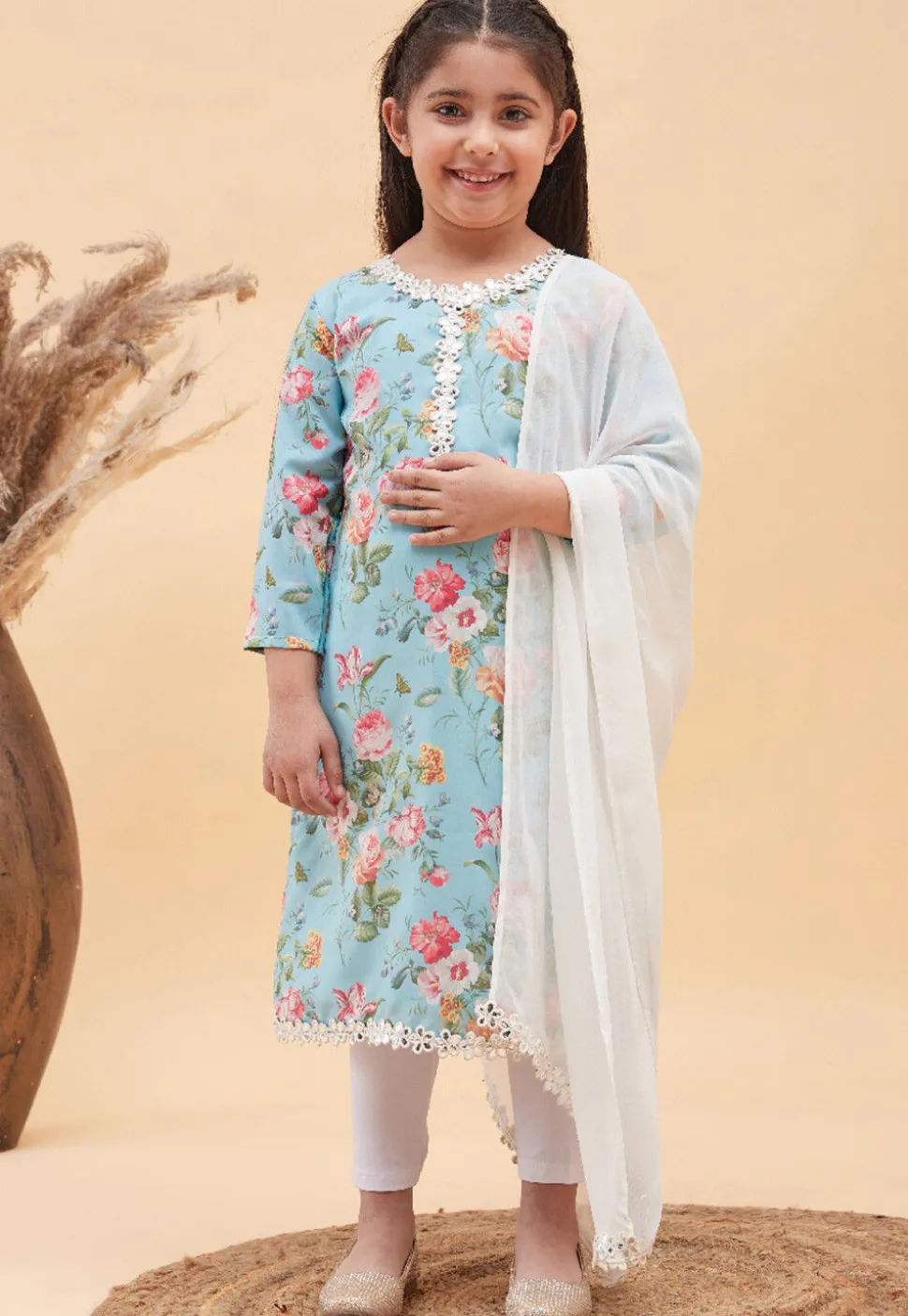 Digital Printed Cotton Straight Suit in Light Blue