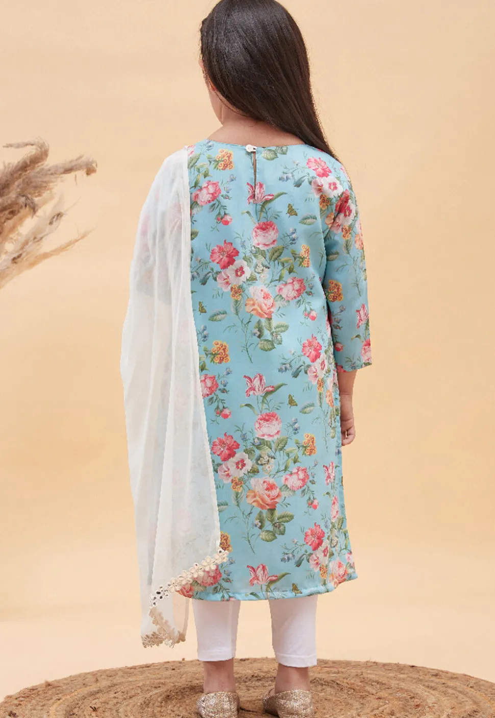 Digital Printed Cotton Straight Suit in Light Blue