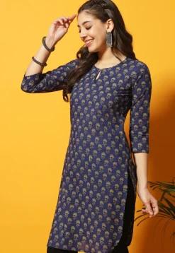 Digital Printed Cotton Straight Kurti in Navy Blue