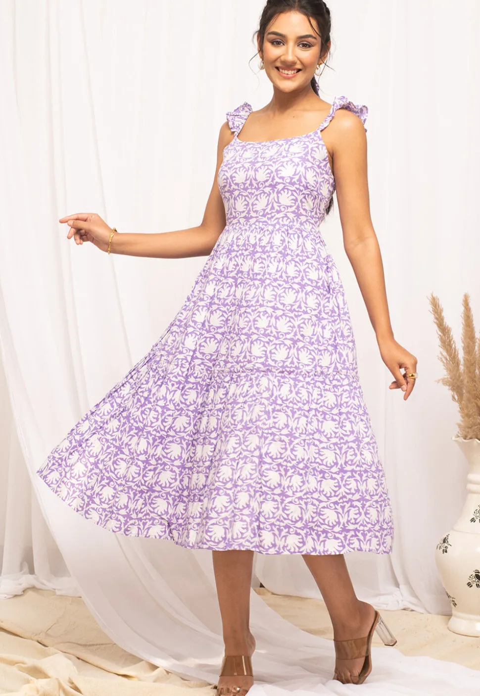 Digital Printed Cotton Tiered Dress in Purple