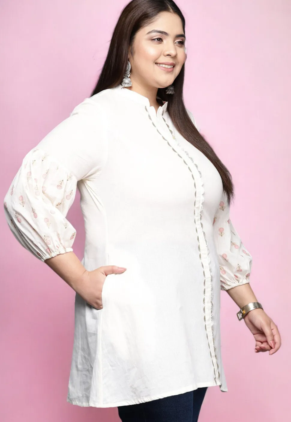Digital Printed Cotton Tunic in Off White