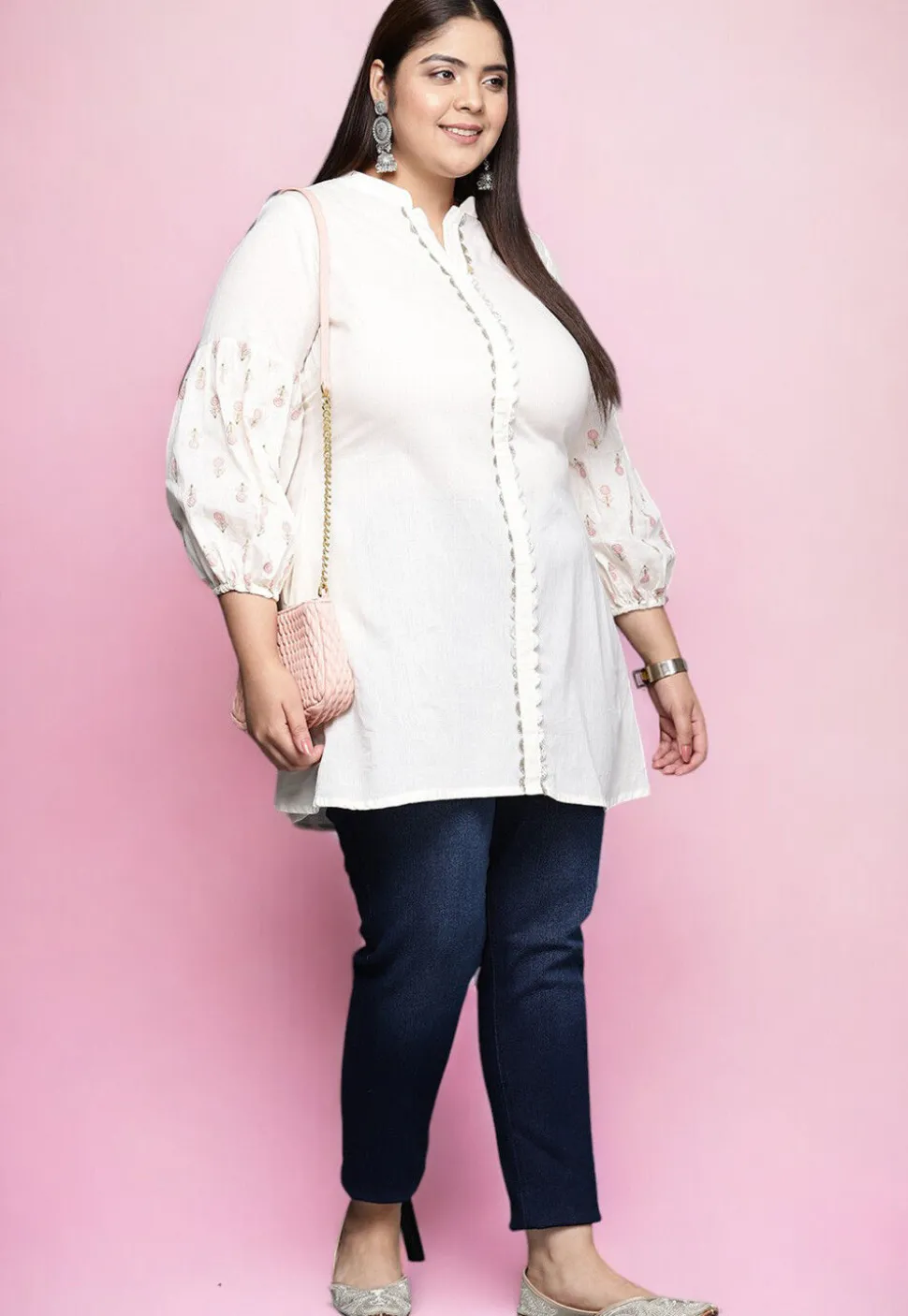 Digital Printed Cotton Tunic in Off White