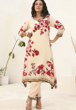 Digital Printed Crepe A Line Kurta Set in Cream