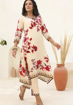 Digital Printed Crepe A Line Kurta Set in Cream