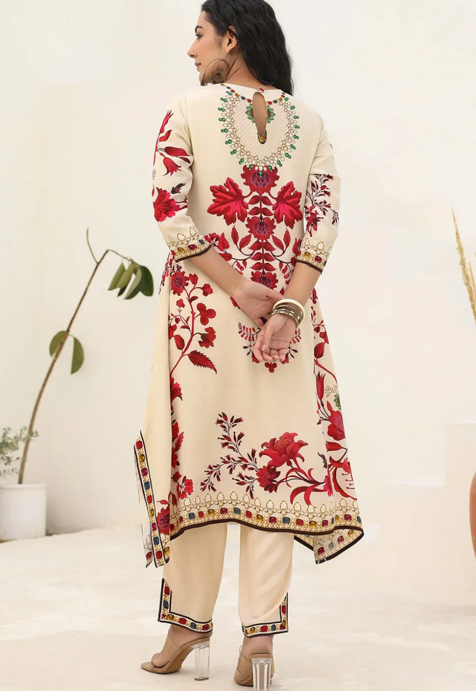 Digital Printed Crepe A Line Kurta Set in Cream