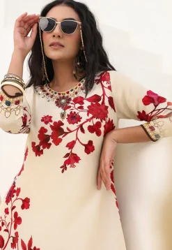 Digital Printed Crepe A Line Kurta Set in Cream