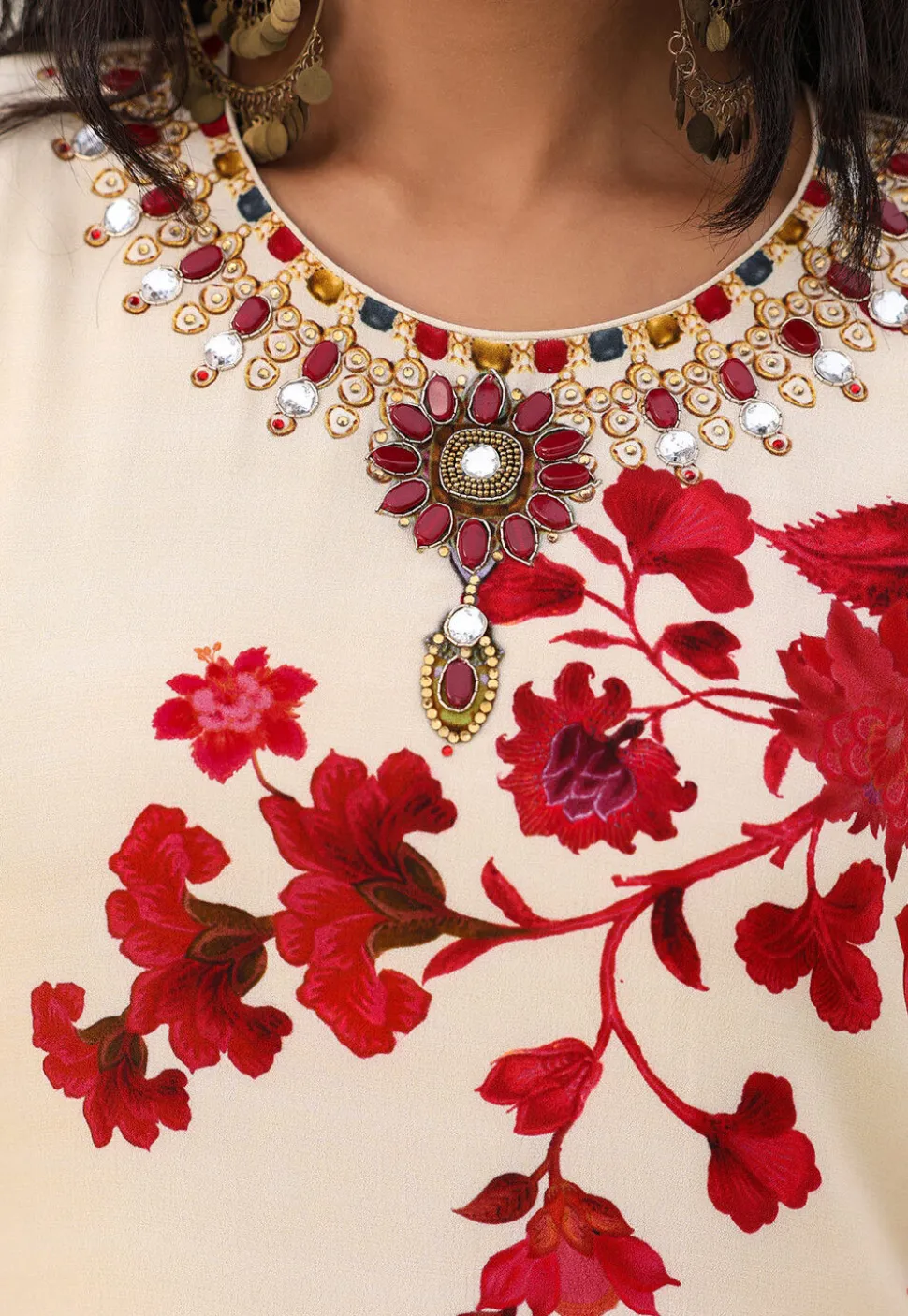 Digital Printed Crepe A Line Kurta Set in Cream