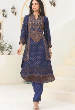 Digital Printed Crepe A Line Kurta Set in Navy Blue