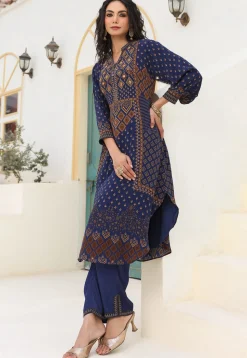 Digital Printed Crepe A Line Kurta Set in Navy Blue