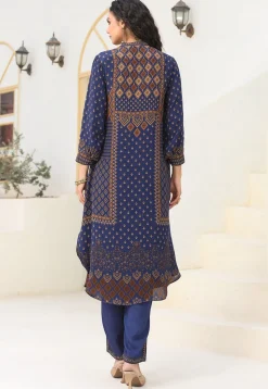 Digital Printed Crepe A Line Kurta Set in Navy Blue