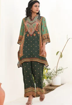 Digital Printed Crepe A Line Kurta Set in Dark Olive Green