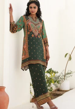 Digital Printed Crepe A Line Kurta Set in Dark Olive Green