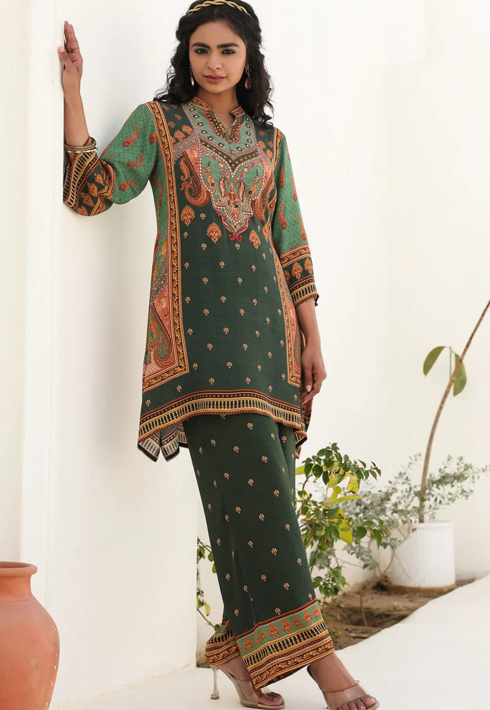 Digital Printed Crepe A Line Kurta Set in Dark Olive Green