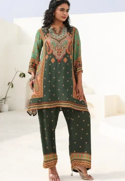 Digital Printed Crepe A Line Kurta Set in Dark Olive Green