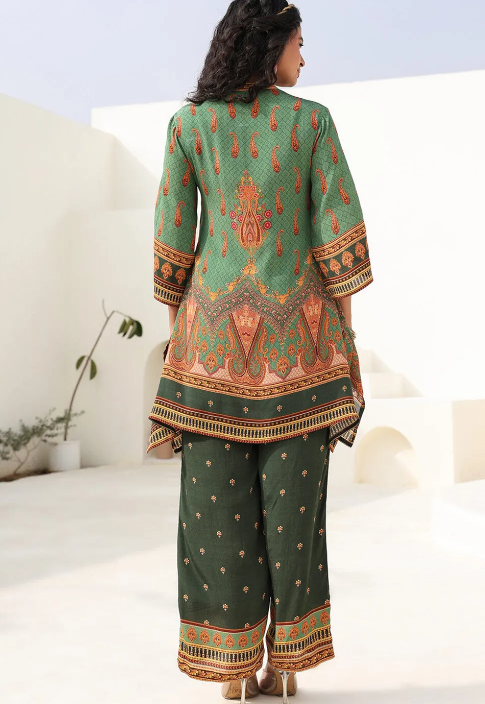 Digital Printed Crepe A Line Kurta Set in Dark Olive Green